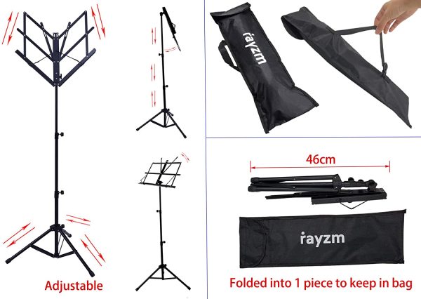 Rayzm leggio robusto portatile e pieghevole leggio in metallo con borsa da viaggio. Altezza regolabile, carico massimo 1,5 kg, leggero e compatto adatto per i viaggi e sistemabile nel ripostiglio - immagine 2