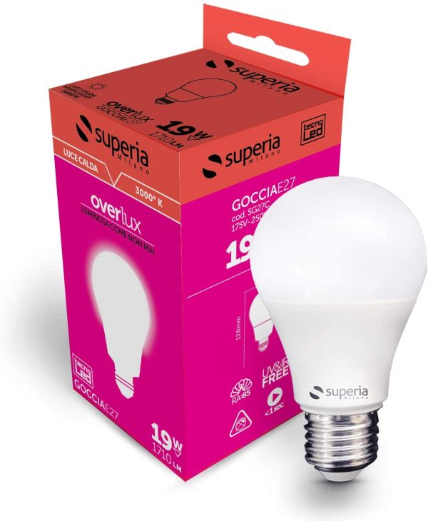 Superia Lampadina LED E27 Goccia, 19W (Equivalenti 130W), Luce Calda 3000K, 1710 lumen, NUOVA PRODUZIONE*GARANZIA ITALIANA* SG27C, Pacco da 10 - immagine 5