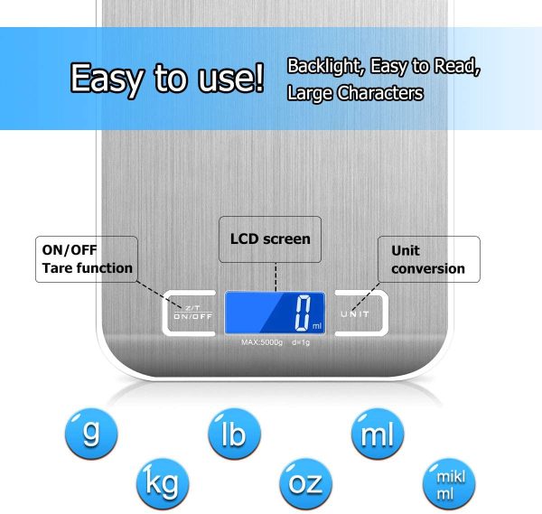 Bilancia Da Cucina Di Precisione -  bilancia cucina digitale con Funzione Tare Bilancia Elettronica Pesapersone in Acciaio Inossidabile LCD Display Conservazione Compatta e Facile Da Pulire - immagine 2