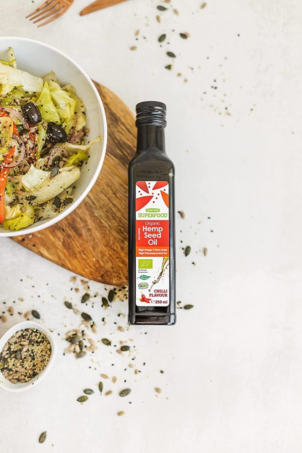 Planet Superfoods Olio di Semi di Canapa Spremuto a Freddo Biologico I 2 X 250ml (Aglio + Chili)