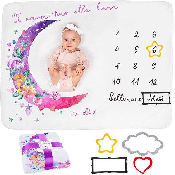 Coperta Mesi Neonato In Italiano | Tappeto Mesi Neonato Per Maschio O Femmina, Unisex | Luna E Fiori | Regalo Baby Shower Personalizzato Per Neomamme | Copertina Mesi Neonato | Incluse Cornici - immagine 4