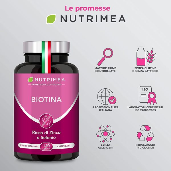 Biotina Nutrimea | Capelli, Unghie e Pelle | Zinco Selenio Vitamina B7 | Acceleratore Crescita Capelli | Luminosit?? Della Pelle | 900% VNR | Trattamento 4 Mesi - immagine 9