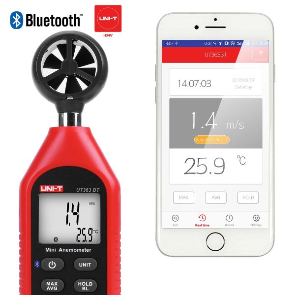 Uni-T UT363BT - Mini Anemometro Bluetooth digitale portatile con termometro e max/min per la raccolta dati meteo e sport all'aria aperta windsurf vela con display LCD retroilluminato - immagine 4