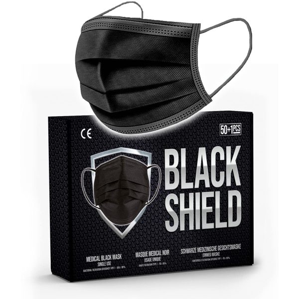 BLACK SHIELD - Mascherine Chirurgice Certificate CE Nere 3 veli - Dispositivo Medico di Tipo I - 50 Pezzi