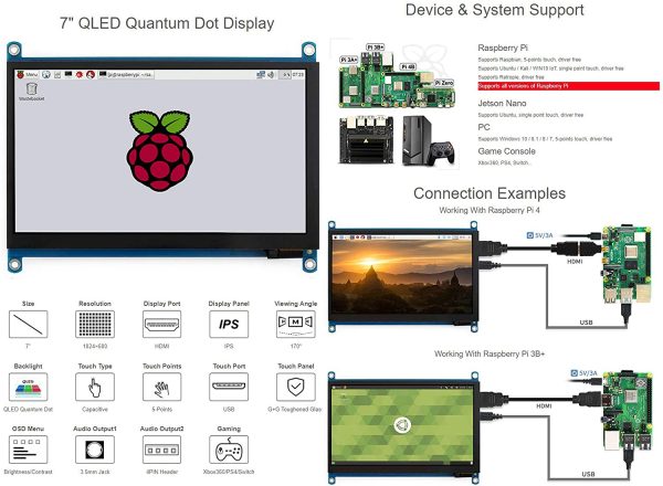 7inch QLED Quantum Dot Display 1024??600 Capacitive Touch Screen IPS LCD G+G Toughened Glass Panel with Wider Color Gamut,More Pure Chroma for Raspberry Pi, Jetson Nano - immagine 4