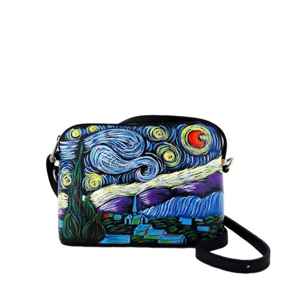 Borsa in pelle dipinta a mano - LA NOTTE STELLATA DI VAN GOGH - Borse Donna, Borse a Spalla, Vera Pelle, Made in Italy, in Pelle Dipinta, Shopper e Borse a Tracolla, Lavorazione Artigianale - immagine 5