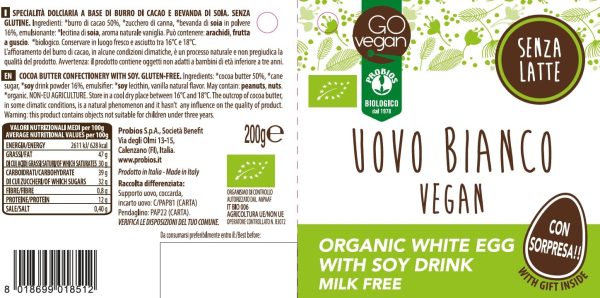 Probios Dolce Pasqua Vegan Bio - Uovo Bianco con Bevanda di Soia - 200 g