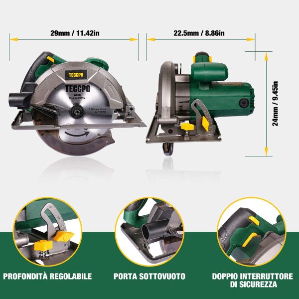 Sega Circolare,  Professionale 5800 RPM 1200W Sega Elettrica, con 24T lame 185mm, Profondit?? di taglio 63 mm (90 ??), 45 mm (45 ??), Protettore in Alluminio, Motore in Rame Puro - TACS22P - immagine 3