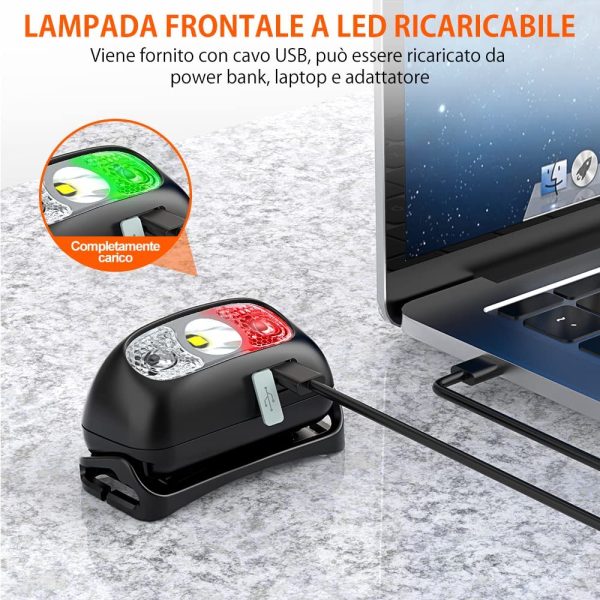 Torcia Frontale, Lampada Frontale LED Ricaricabile con 5 Modalit?? di Illuminazione, 200 Lumen, IPX4 Impermeabile, Regolabile Leggero Lampada da Testa per Corsa, Pesca, Trekking, Campeggio