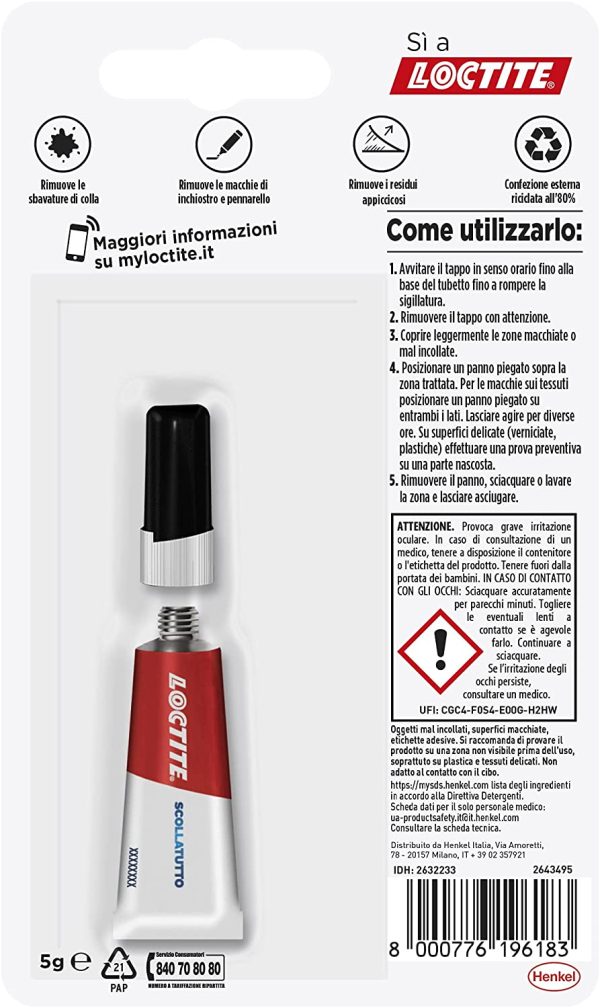 Loctite Scolla Tutto, rimuovi colla in tubetto per tutte le superfici, per rimuovere qualsiasi cianoacrilato, colla gel, colla trasparente e altre colle, 1x5g, Il Pacchetto Pu?? Variare - immagine 4