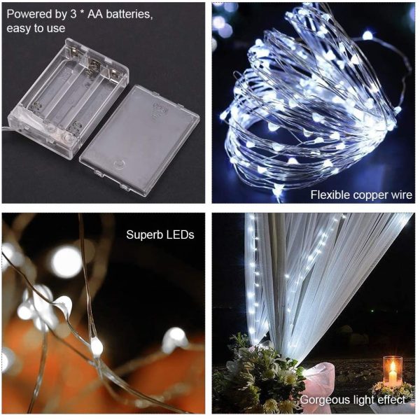 Led Stringa Luci a Batteria, 1 Pezzi 5 metri 50 Led Rame filo Ghirlanda Catena Luminose Lucine Fata Luci per Natale Matrimonio Decorative Festa Interno Natalizie letto Camera (Bianco) - immagine 5