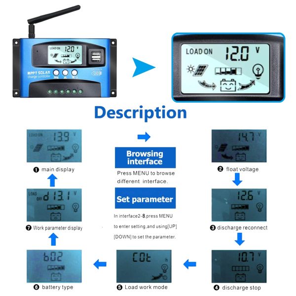 Y&H 30A 12V/24V MPPT Solar Charge Controller w/LCD Display Dual USB and WIFI, Solar Panel Regulator fit for Gel Flooded and Lithium Battery Model: BL912-30A-WIFI (blu) - immagine 3