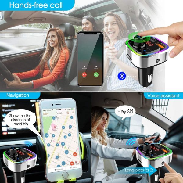 Bluetooth 5.0 Car FM Trasmettitore,Adattatore Audio Radio Auto Wireless Kit Auto Mani libere con QC3.0 & 5V/2.4A USB Car Charger,Retroilluminato Colorata,Supporto Lettore Musicale MP3 TF Card/U Disk - immagine 2