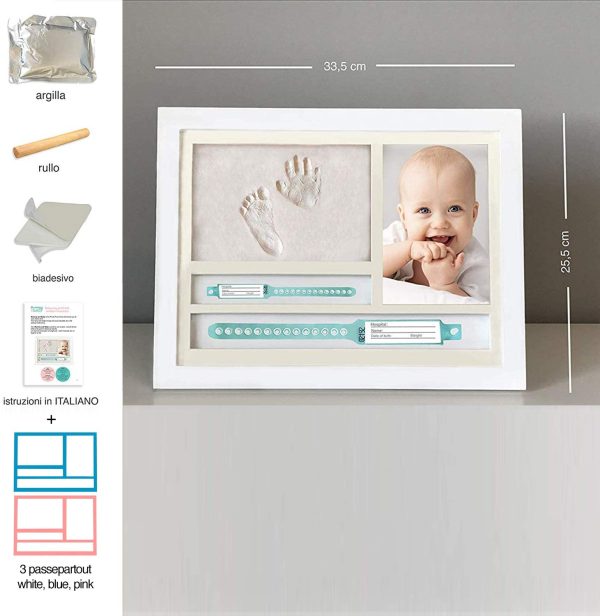 MUBY, CORNICE IMPRONTE NEONATO mani e piedi e PORTA BRACCIALI DI NASCITA |3 Passepartout inclusi| Idea Regalo nascita e battesimo bambino e bambina, Cornice da Tavolo e da Parete, Kit impronte neonato - immagine 6