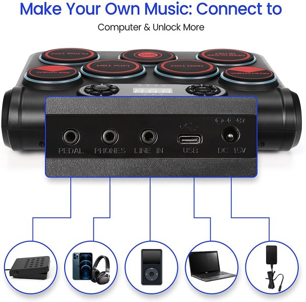 E-Drums Kit, WekiiStar Batteria Elettronica con 7 Pad Sensibili Alla Velocit??, Batteria con Connessione USB-MIDI, Batteria Elettronica MIDI DTC per Principianti - immagine 6