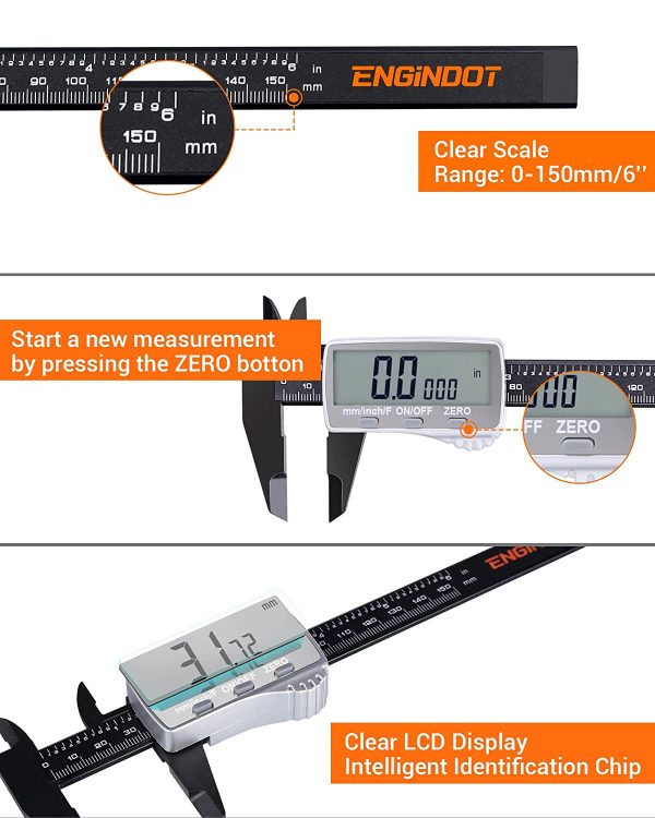 Calibro digitale, ENGiNDOT 6 pollici/150mm Calipers Measuring Tool Micrometer con grande display LCD, calibro digitale Vernier con conversione Mm/Inch, Precisione regolabile, DC01 - immagine 4