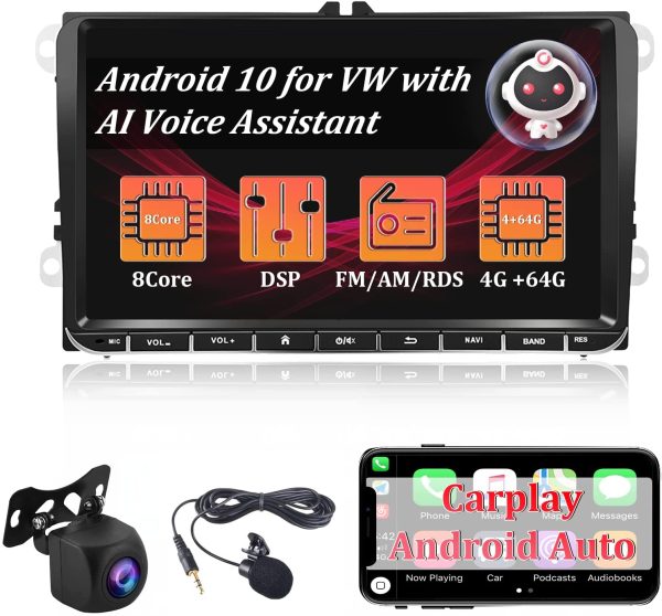 4G+64G Autoradio Android 2 Din con per VW Golf 5 Plus 6 Passat B6 Polo 9 pollici Auto Radio DSP AM FM RDS con GPS Navi Carplay Android Auto WiFi Bluetooth 5.0 Touchscreen Telecamera Posteriore MIC - immagine 6