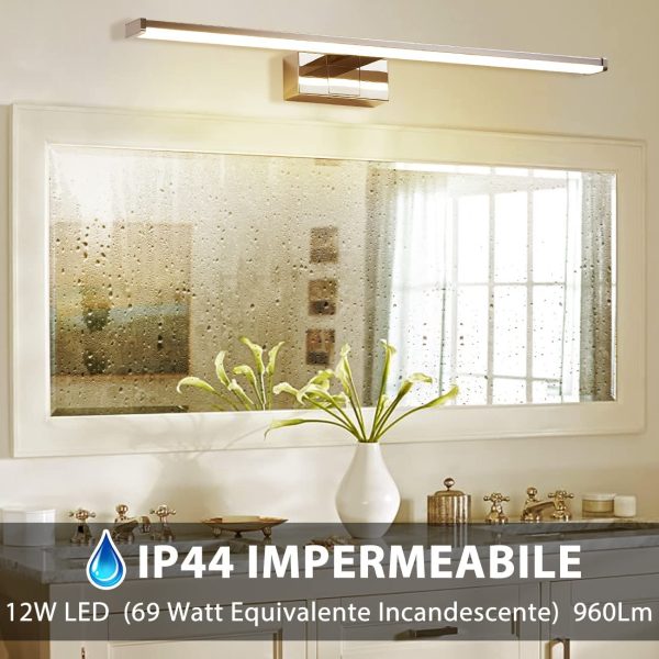 Luce LED da Specchio per Il Bagno,Lunghezza 600mm,IP44 Impermeabile Resistente ad Acqua,Antiruggine,12W,960LM,Luce Bianca Naturale 4000K,Lampada LED Parete Lavabo,Pacco da Una Unit?? - immagine 4