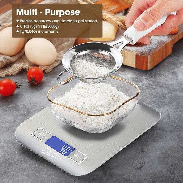 Bilancia da Cucina Smart Digitale con Funzione Tare,5kg/11 lbs Professionale Acciaio Inox Alta Precision Bilancia Elettronica per la Casa e la Cucina,Argento,(2 Batteries Incluse) - immagine 6