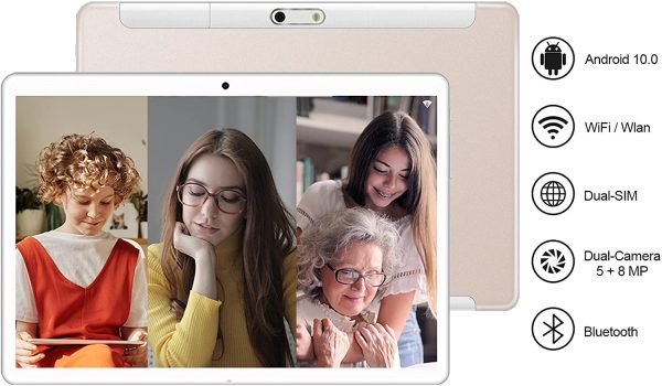 Tablet 10 Pollici 4GB RAM 64GB ROM WiFi + Doppia SIM Android 10  Tablets WiFi | IPS | Bluetooth | MicroSD 4-128 GB | con Tastiera Bluetooth, Oro Rosa - immagine 6