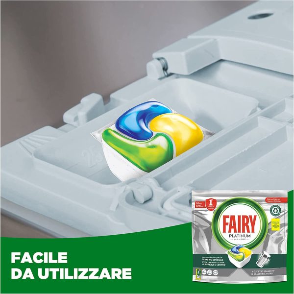 Fairy Platinum Pastiglie Lavastoviglie, 125 Lavaggi, 5 x 25 Capsule Lavastoviglie, Detersivo Lavastoviglie al Limone, con Sistema di Prelavaggio Integrato, Efficace nei Cicli Ecologici - immagine 4