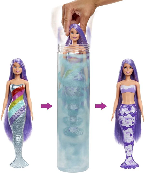 Barbie Sirena Color Reveal - Bambola Sirena Arcobaleno - Copertura Blu Metallizzata - Effetto Cambia Colore - 7 Sorprese - Regalo per Bambini 3+ Anni