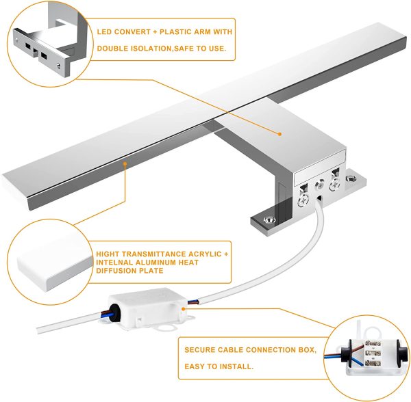 Aourow Lampada da Specchio a LED 5W 500 Lumen,Luce Specchio Bagno 30cm Bianco Freddo 6000K,Applique Specchio Impermeabile IP44,Specchio Armadio Lampada da Bagno,Faretto Specchio Bagno 230V - immagine 3