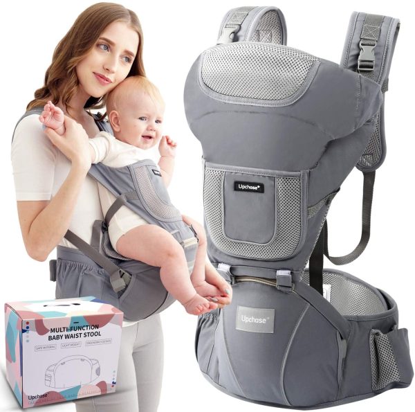 Upchase Marsupio Neonati Ergonomico, 6 in 1-Multifunzione Porta Beb??, con Cappuccio Rimovibile, con Sedile, Puro Cotone Leggero e Traspirante, Multiposizione:Dorsale, Ventrale, (0-36 mesi) Grigio - immagine 5