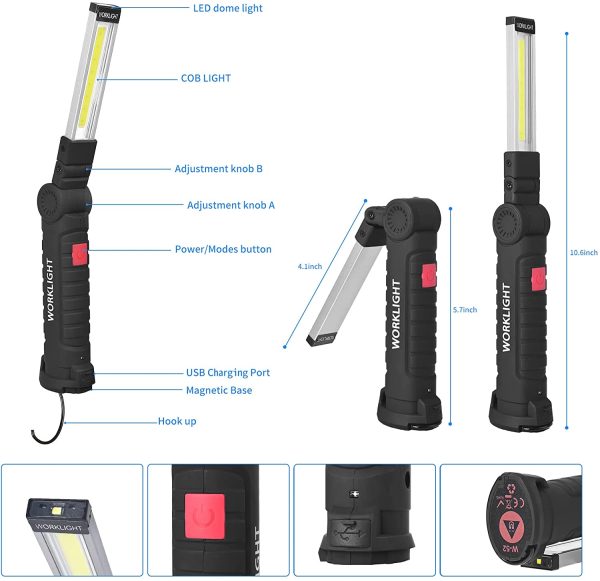 Torcia LED Lampada da Lavoro Ricaricabile USB lampada magnetica COB Lampade di Ispezione 5 modalit?? lampada e Gancio per Auto/Campeggio/BBQ/Home e di Emergenza - immagine 5