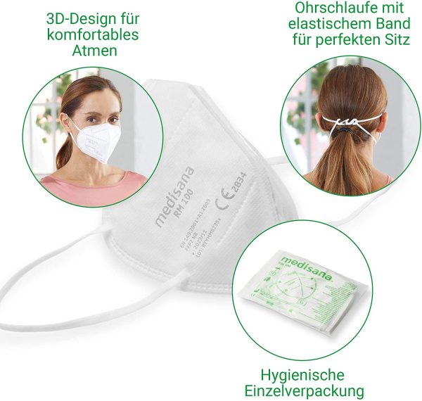 Medisana FFP2 Maschera di Protezione Respiratoria, Maschera Antipolvere RM 100, 10 pezzi, in Sacchetto PE con Clip, Certificato CE2834, EU 2016/425, Testato T??V - immagine 4