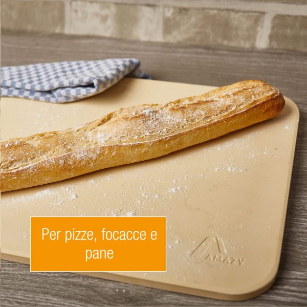 Amazy Pietra refrattaria per pizza da forno, incl. Pala in bamb??, Carta da forno riutilizzabile e Ricettario ?CPietra pizza dal sapore italiano (38x30x1,5cm)