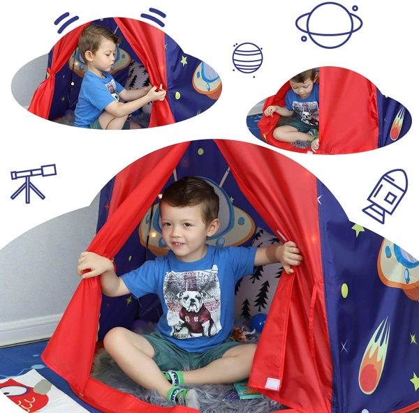 SONGMICS Tenda da Gioco Castello con Astronavi per Ragazzi e Bambini, Casetta dei Giochi per Interni ed Esterni, Tenda Portatile con Borsa da Trasporto, Regalo per Bambini, Blu , LPT01BU - immagine 2