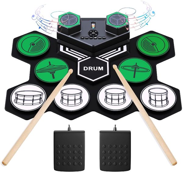 Batteria Elettronica, 9 Praticare Drum Pads con 2 Bacchette Pedali, Portatile Tavolo Pieghevole Digitale Tamburo Set, Adatto a Bambini, Adulti e Principianti - immagine 4