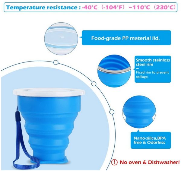 2*Tazza Pieghevole Retrattile Portabile a Livello Alimentare Senza BPA Silicone Outdoor Tazza per Viaggio, Campeggio, Escursionismo e al Lavoro. Risparmio Spazio. (Blu e Rossa)