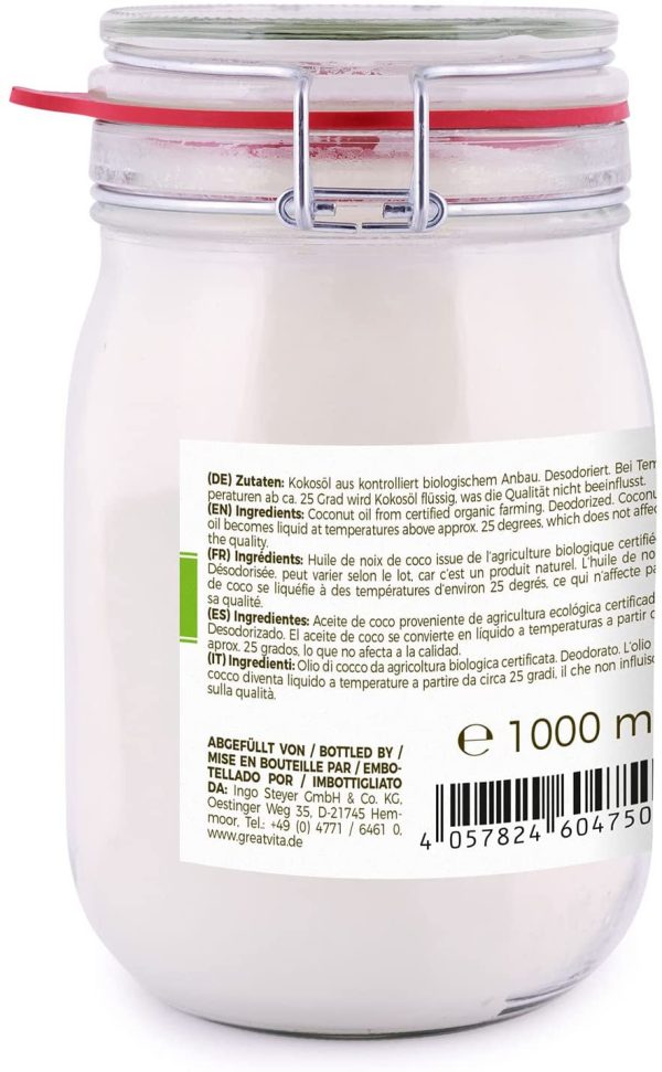 MeaVita Olio di Cocco Meavita, Insapore (Deodorato), Confezione da 1 (1X 1000 Ml) in Un Barattolo da Stiro - 1000 ml - immagine 7