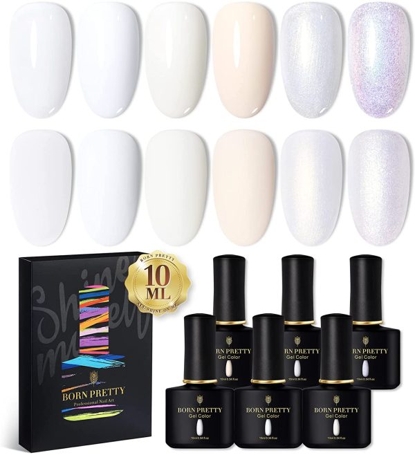 BORN PRETTY Smalto semipermanente per unghie Bianco brillante, Shell Pearl Glitter Smalto per unghie Gel UV LED Gel a lunga durata Smalto per unghie Ritaglio Design 6 colori Set da 10 ml