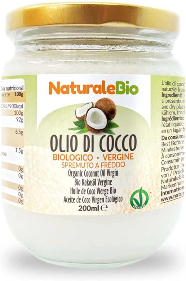 Olio di Cocco Biologico Vergine 200 ml. Crudo e Spremuto a Freddo. Organico e Naturale. Bio Nativo e non Raffinato. Origine Sri Lanka. NATURALEBIO