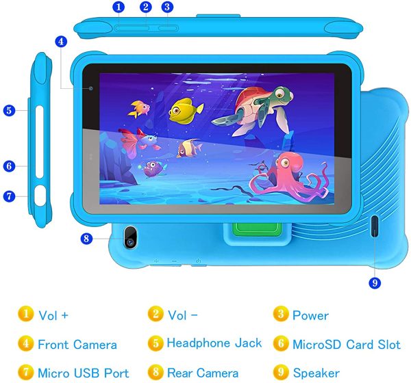 qunyiCO Tablet da 7 Pollici per Bambini 32GB Android 10.0 Go WiFi Fotocamera 2GB RAM HD Touch Screen 1024 * 600 Custodia a Prova di Bambino App per Il Controllo parentale su Google Certified Blu