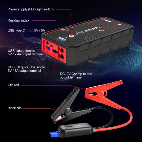 FNNEMGE Avviatore Batteria Auto, 2000A 21800mAh Avviatore Emergenza per Auto(Motori Fino a 8.0L Benzina/ 6.5L Diesell) 12V ,Avviatore di emergenza, Jump Starter,Torcia a LED con QC3.0 Porte USB - immagine 4