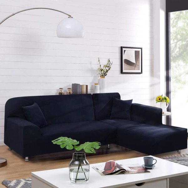 Copridivano con Penisola Elasticizzato Chaise Longue Sofa Cover Componibile in Poliestere a Forma di L(Blu Scuro, 2 Posti+3 Posti) - immagine 5