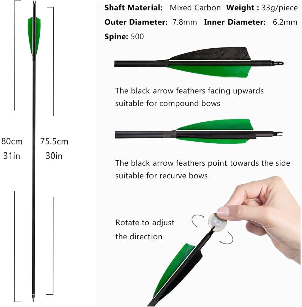 The7boX Freccia in Carbonio da 31 Pollici per Tiro con L'Arco 12 Pezzi Vera Piuma di Tacchino Utilizzata per Arco Ricurvo Lungo Arco e Arco Tradizionale - immagine 5
