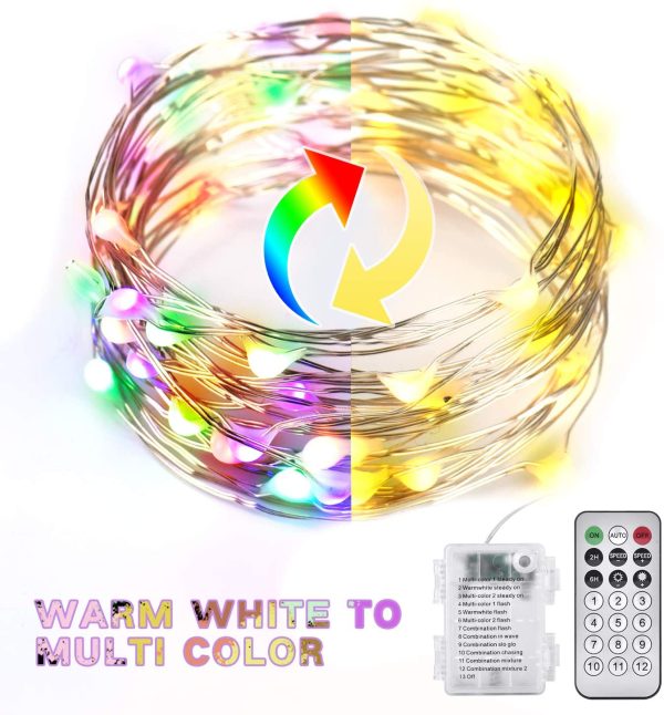 2 Pezzi Bianco Caldo e Multi-Colore Led Stringa Luci a Batteria, 5M 50 Leds Telecomando Timer 12 Modalit?? Scintillio Luci Delle Fate Alimentate a Batteria Filo D'Argento Luci di Lucciola - immagine 4