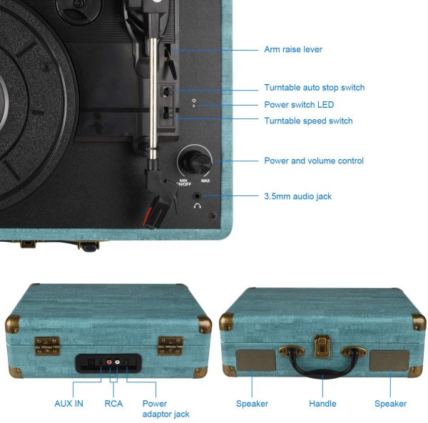 Giradischi Vinile, 3 Velocit?? (33 1/3, 45 E 78 Giri) stereo Portatile Giradischi, con Altoparlanti Incorporati, Bluetooth, 3.5mm AUX-IN E Jack per Cuffie, Linea RCA - immagine 3