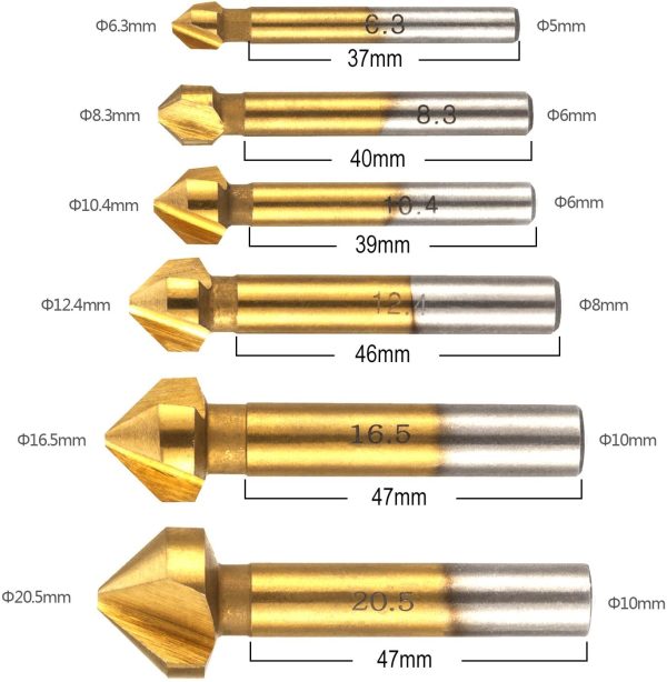 6Pcs Svasatore per Metallo Legno in HSS Titanio Rivestito 90??Gradi con Codolo Esagonale Punta 6,3mm 8,3mm 10,4mm 12,4mm 16,5mm 20,5mm - immagine 7