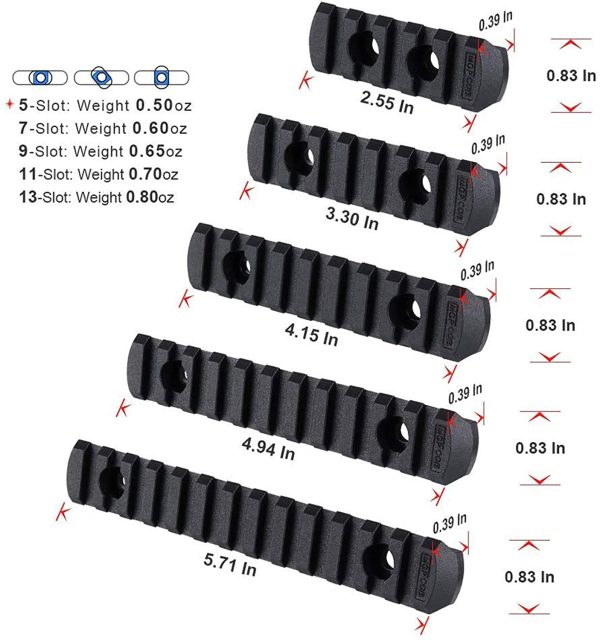 SYWAN 5 Confezioni di binari in polimero M-Lok Picatinny, 5 Slot 7 Slot, 9 Slot, 11 Slot, 13 Slot, Accessori Leggeri con 10 Dadi a T, 10 Viti e 1 Chiave Inglese - immagine 9