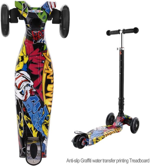 Profun Monopattino Pieghevole con 4 Ruote PU Luminose, Manubrio Regolabile Scooter con Graffiti per Ragazze e Ragazzi dai 3 agli 12 Anni,Carico Massimo 55KG - immagine 5