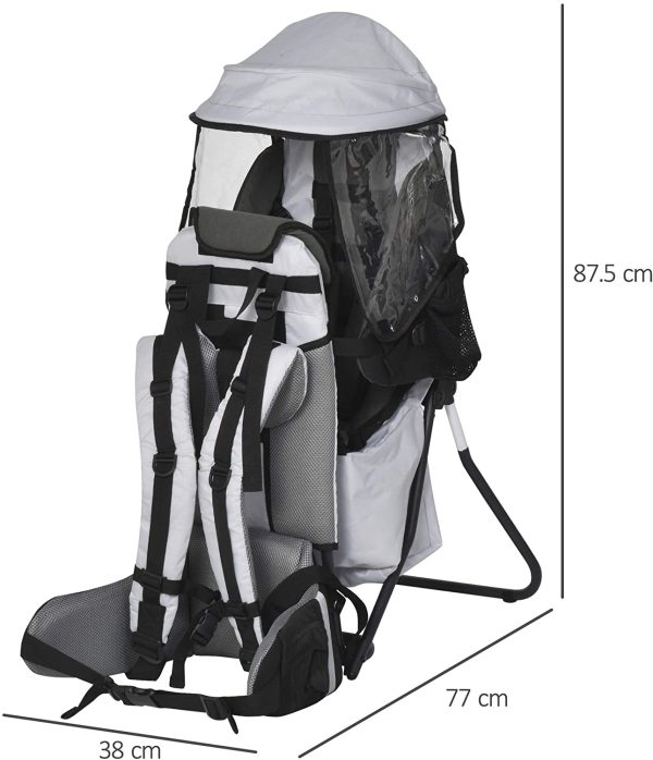 HOMCOM Zaino Porta Bimbo per Trekking, Pieghevole, Impermeabile e con Tettuccio Rimovibile 38x77x87.5cm, Grigio