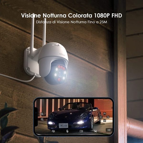 Telecamera Wi-Fi Esterno  360?? PTZ WiFi Videocamera Sorveglianza con 1080P Visione notturna a colori, Tracciamento Automatico, IP66 Impermeabile, Rilevamento del movimento, Audio bidirezionale - immagine 4