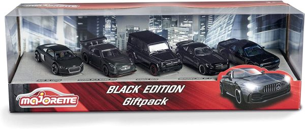 Majorette - Black Edition Giftpack, 212053174, + 3 Anni, 5 Veicoli Inclusi: Audi R8, Brabus B63, Nissan Gt3 Nismo Gtr, Dodge Demon, Mercedes-Amg Gtr, con Parti Apribili, Nero, Scala 1:64