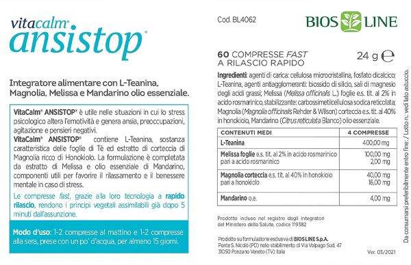 BIOS LINE VitaCalm Ansistop, 60 Compresse di integratore stress con L-Teanina, Magnolia e Melissa, Integratore rilassante che favorisce il benessere mentale, Senza glutine e adatto a vegani - immagine 3